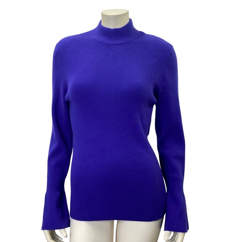 Ann Taylor Ribbed Knit Mock Neck Bell Sleeve Sweater, Purple‎ Blue Xl NWOt
